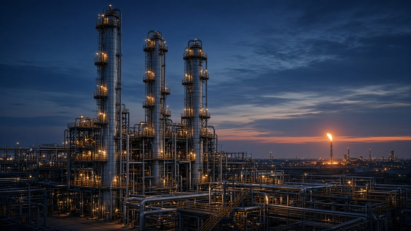 Oil and gas industrial facility at dusk